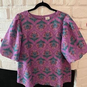 J.Marie Floral Ballon Sleeve Purple Top, Size Medium